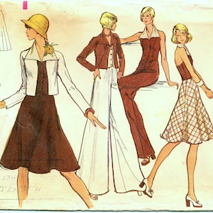 May include: A vintage sewing pattern for a women's outfit. The pattern includes a skirt, pants, and a jacket. The pattern is for size 10 and has a bust measurement of 32 1/2 inches. The pattern is called "Very Easy Vogue Patterns".