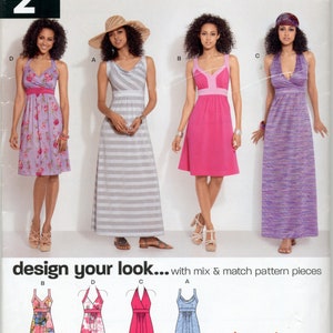 May include: A sewing pattern for a maxi dress with four different variations. The pattern includes a floral print, a striped print, a solid pink dress, and a purple and pink ombre dress. The pattern is from New Look and is called "Just 4 Knits".