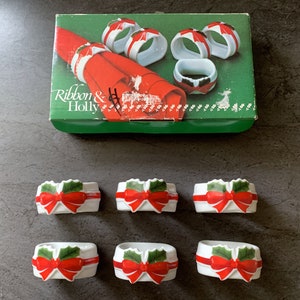 Set of Six Porcelain Christmas Ribbon & Holy Napkin Holders - Made in Japan