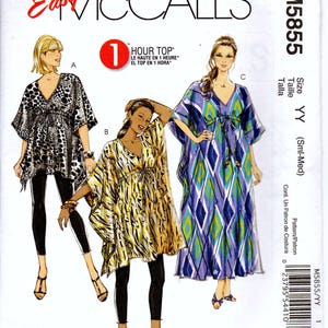 May include: McCall's M5855 sewing pattern featuring three different hour top designs. The pattern includes a black and white animal print top, a yellow and gold patterned top, and a blue, green, and purple diamond-patterned dress.