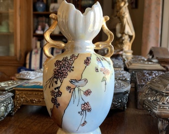 Vintage Porcelain Vase With Painted Bird and Flowers - Signed C. Weems