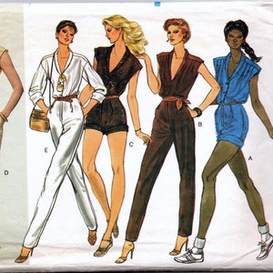 May include: A sewing pattern for four different jumpsuit styles. The pattern includes a white jumpsuit, a black jumpsuit, a brown jumpsuit, and a blue jumpsuit. The pattern is from Vogue Patterns and is size 8. The pattern is $5.00.