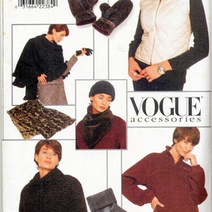 May include: A sewing pattern for a variety of winter accessories, including a cowl neck sweater, a vest, a scarf, a hat, and mittens. The pattern is from Vogue Accessories and includes all sizes.