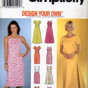 May include: Simplicity sewing pattern number 7072 for sizes 6, 8, 10, and 12. The pattern is for a dress with eight different design options. The pattern includes a photo of a model wearing a pink floral dress and a photo of eight different dress variations.