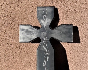 Brushed Steel and Oak Cross w/ Etched Flames