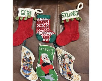 Vintage Needlepoint Christmas Mini Stocking Santa Ornament 5.5"-7" appx set of 6
