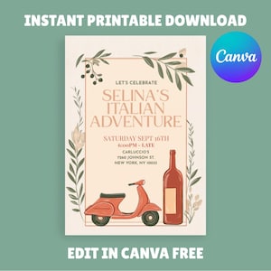 Printable Birthday Invitation, Canva Italian Adventure Birthday Invitation, Holiday Invitation, 30th Invite,  40th Birthday Party, Editable