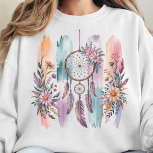 Boho Floral Butterfly PNG – Wildflower Sublimation Design with Dreamcatcher and Pastel Brush Strokes