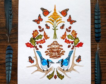 Traditional Autumn Fine Art Print - Folk Art - Blue Jay - Watercolor Reproduction - Birds of the Air - Mushroom - Monarch Butterfly