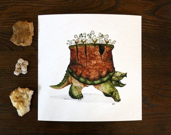 Hibernating Snapping Turtle Fine Art Print - Watercolor - Reproduction - Snapping Turtle - Turtle - Wildlife - Birds of the Air - Florals