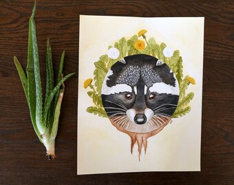 Cute Raccoon Fine Art Print - Watercolor - Painting - Reproduction - Giclée - Wildlife - Birds of the Air - Cute Animals - Dandelions