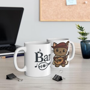 Tazza in ceramica con gatto musicista bardo, regalo divertente per gli amanti dei gatti, tazza da caffè per musicisti, opera d'arte animata di un gatto, 11 oz e 15 oz