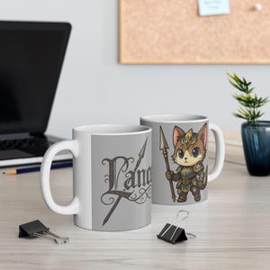 Whimsical Fantasy Ceramic Mug, Cute Cat Lancer Character Coffee Cup, Cat Warrior Mug, Gift for Cat Lovers, Unique Art Drinkware, Fun Tea Mug