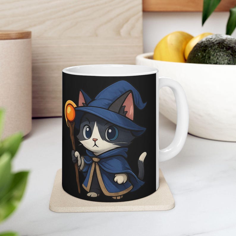 Tazza da caffè magica in ceramica con gatto mago, per gli amanti dei gatti, regalo per compleanni, Halloween, atmosfera accogliente, decorazione per la casa immagine 6