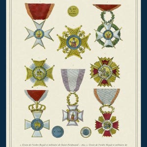 Può includere: Una stampa d'epoca con varie onorificenze spagnole, tra cui croci e medaglie con disegni intricati e nastri. La stampa include testo in francese e spagnolo, con le parole "ESPAGNE" e "ORDRES DE CHEVALERIE" in alto.