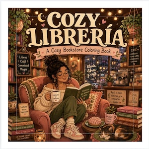 May include: Illustration of a cozy bookstore scene with a woman reading a book and drinking coffee. The image features the text "COZY LIBRERIA" and "A Cozy Bookstore Coloring Book". Bookshelves, plants, and a cat add to the warm atmosphere.