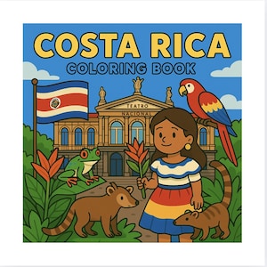 May include: A Costa Rica coloring book with a blue cover featuring illustrations of a girl, a parrot, a frog, and coatis. The Costa Rican flag and the Teatro Nacional are also depicted. The title "COSTA RICA COLORING BOOK" is displayed in yellow.