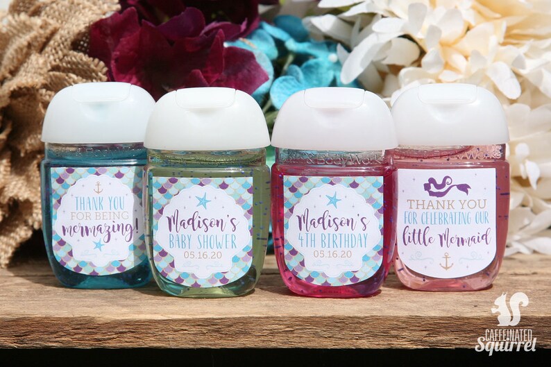 Mermaid Sanitizer Labels Baby Shower Thank you Celebrating Birthday Starfish Favor Shells Thanks for being Mermazing! Anchor