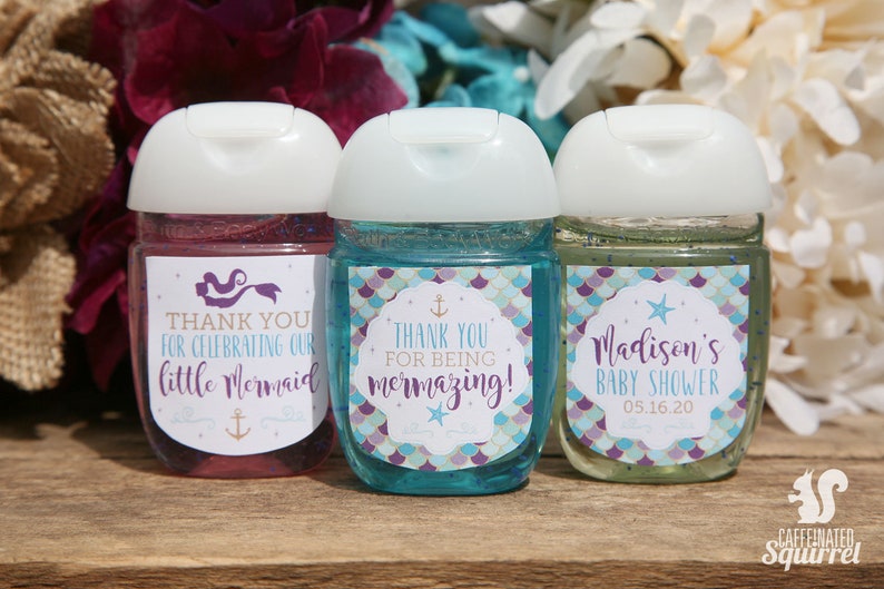 Mermaid Sanitizer Labels Baby Shower Thank you Celebrating Birthday Starfish Favor Shells Thanks for being Mermazing! Anchor