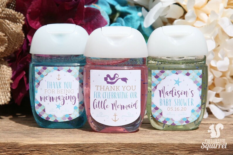 Mermaid Sanitizer Labels Baby Shower Thank you Celebrating Birthday Starfish Favor Shells Thanks for being Mermazing! Anchor