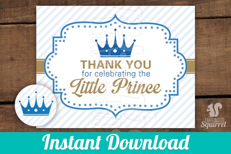 Thank You Cards Instant Download Crown Notes Royal Digital Gold Stripes Blue Thank you for Celebrating the Little Prince