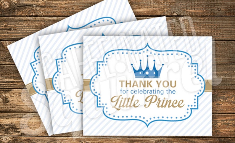 Thank You Cards Instant Download Crown Notes Royal Digital Gold Stripes Blue Thank you for Celebrating the Little Prince