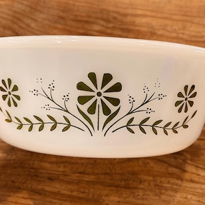 Vintage Glasbake Milk-Glass Loaf Pan • 1.5-Qt Anchor Hocking “Green Floral Sprig” Pattern