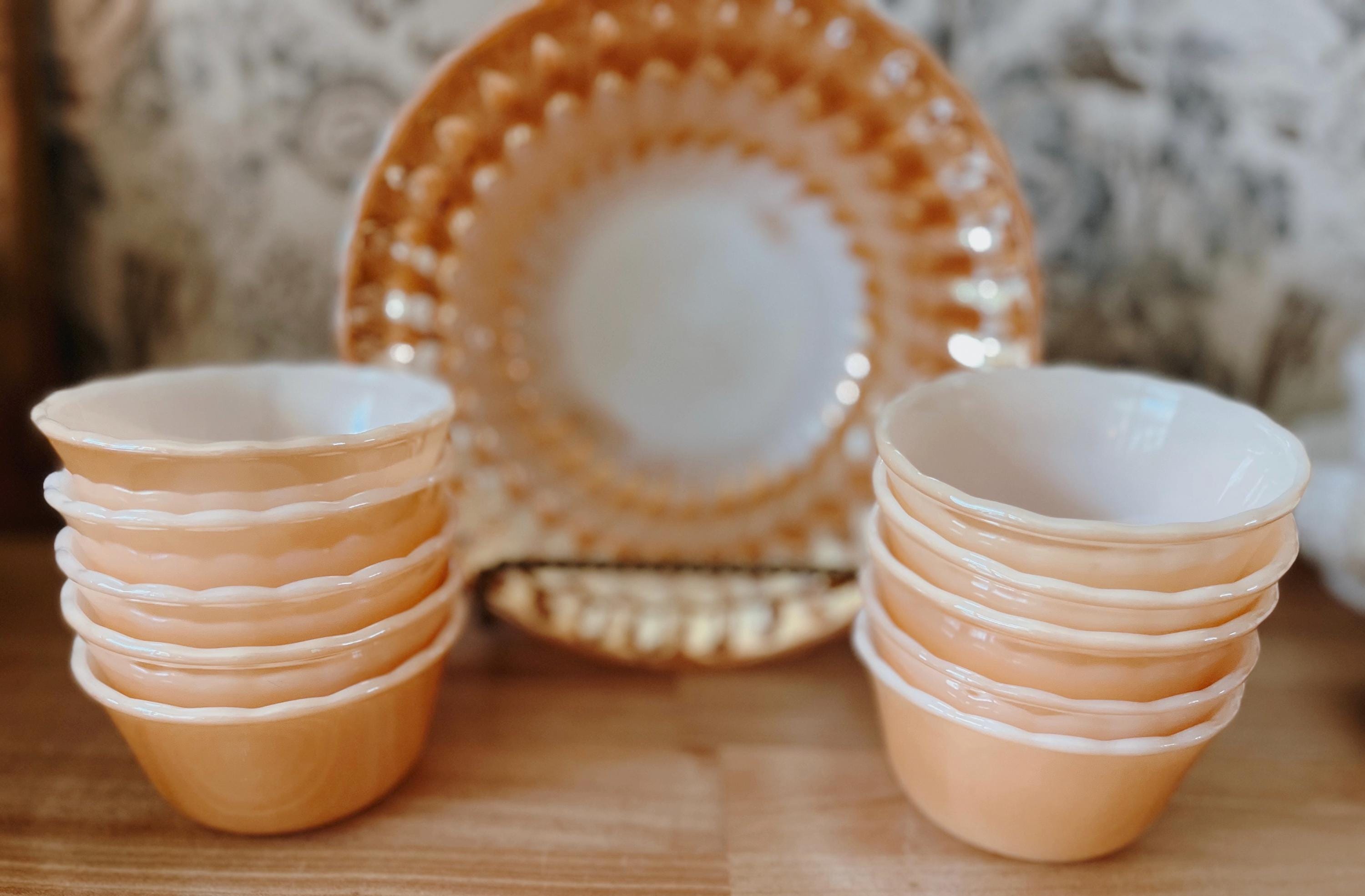 Vintage Fire-King Peach Lustre Bowls – Set of 10 Custard Cups + 1 Large Swirl Serving Bowl, Anchor Hocking