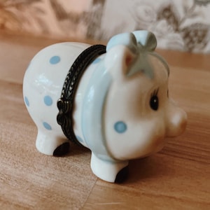 Vintage Pig Trinket Box | Ceramic Hinged Pig Figurine with Blue Polka Dots | Farmhouse Animal Keepsake Box