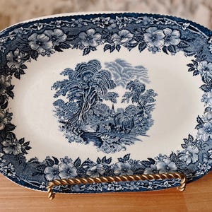 Vintage Enoch Wedgwood “Woodland” Blue Transferware Oval Vegetable Bowl / Small Platter – 9 x 7.75 in – English Ironstone, 1960s-70s