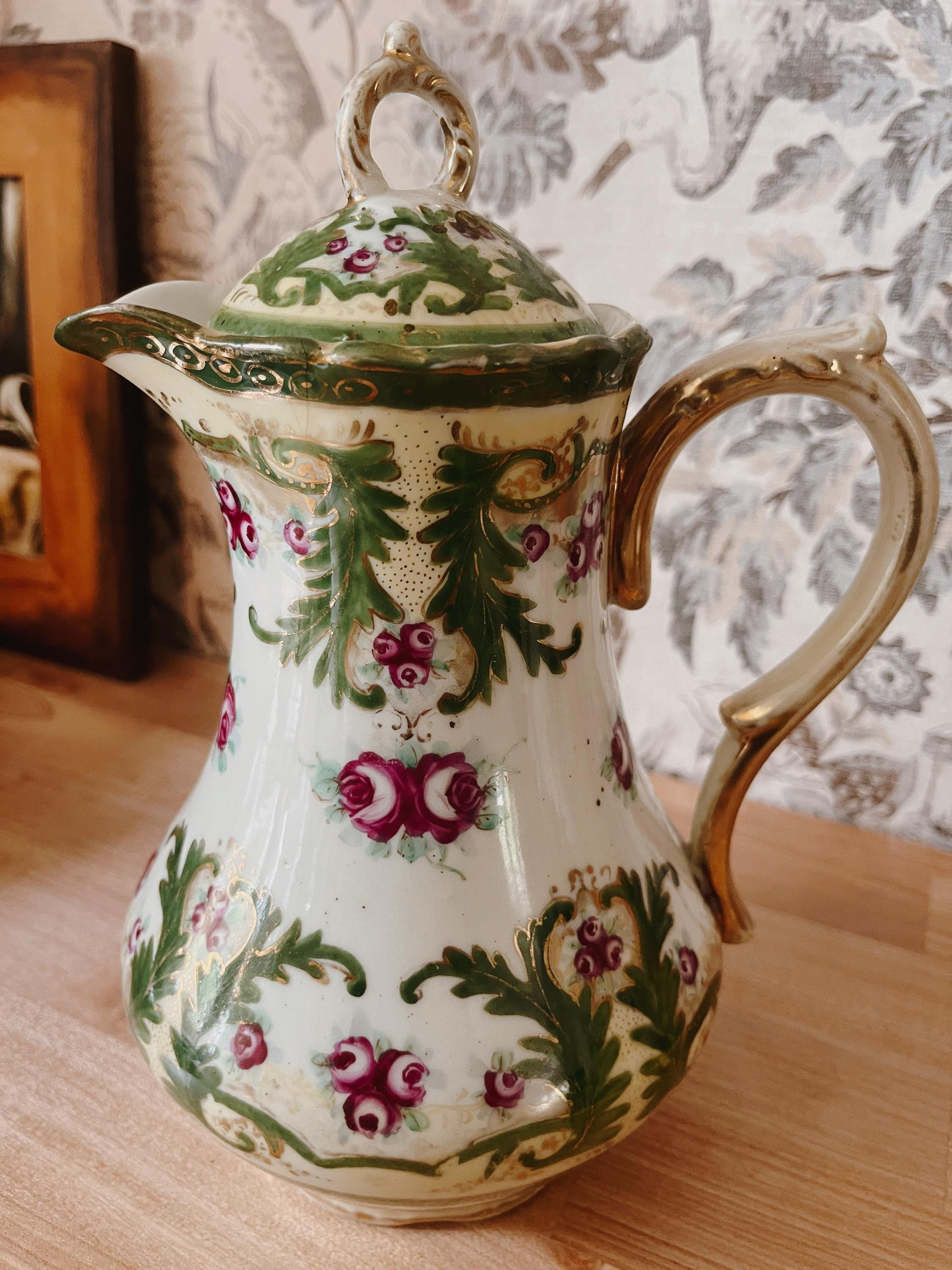 ANTIQUE Nippon Hand-Painted Chocolate Pot Set 5 Cups