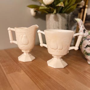 Vintage Jeanette Shell Pink Milk Glass Open Sugar & Creamer Set Baltimore Pear