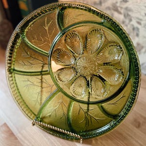 Vintage Green Glass Divided Relish Tray – 13.5” Indiana Glass Style Serving Platter