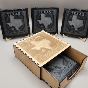 Texas Coaster Set with Engraved Art Deco Box – Set of 4 Wood Slate Coasters | Texas Gift, Rustic State Decor, Housewarming