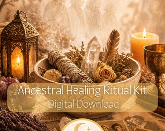 Könnte beinhalten: Ein Bild eines Ahnenheilungs-Ritual-Kits. Das Kit enthält eine Schale mit Kristallen, Trockenblumen und einem Salbeibündel. Eine brennende Kerze, eine dekorative Laterne und Vintage-Fotos sind ebenfalls vorhanden. Der Text lautet "Ancestral Healing Ritual Kit Digital Download."