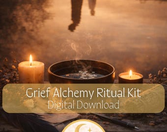 May include: A serene image featuring a ritual kit for grief. The scene includes two lit candles, a bowl with water, and a feather. The text "Grief Alchemy Ritual Kit Digital Download" is displayed on a banner. A circular logo with a tree and moon is also present.