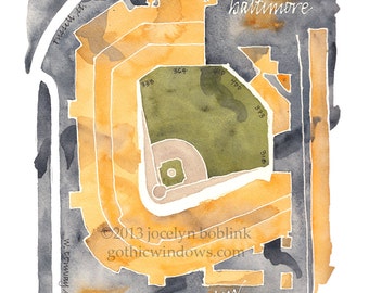 Baltimore's Oriole Park at Camden Yards, giclee art print from original watercolor painting, 8x10