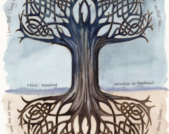 Odin's Runesong print, 10x13 in. giclee of watercolor calligraphy poem, tree of life