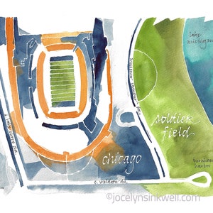 2018 Map Print vom originalen Aquarellgemälde (Soldat Field, Heimat der Chicago Bears, Illinois)