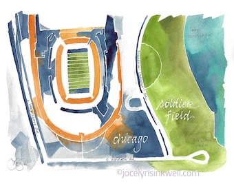 Soldier Field, home of the Chicago Bears, Illinois, 8x10 map print from original watercolor painting