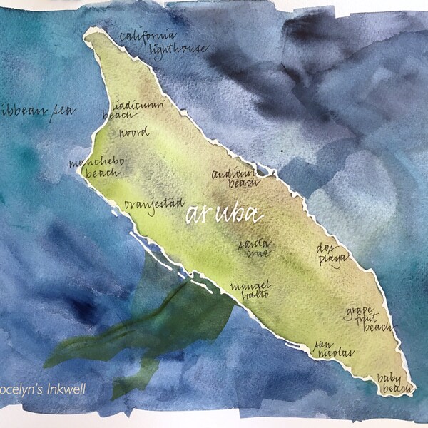 Aruba, Caribbean Island, watercolor map, original painting with calligraphy 11x14"