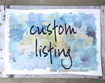 Reserved for Erin, 38x60" customized watercolor map for of Lake Wawasee