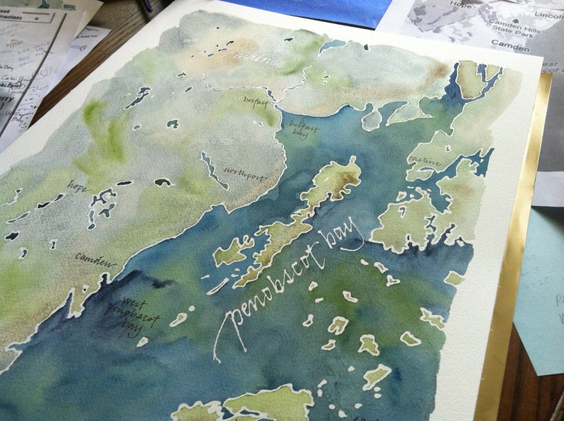 Grand Scale, CUSTOM original Watercolor Map painting of Your Lake, Island, or Beach 16x20 or 18x24 or 22x30 image 4