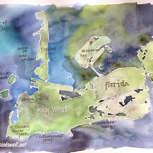Key West, Florida Karte, originales Aquarell 11x14"
