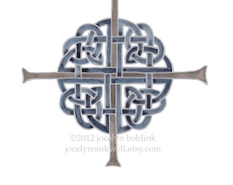 Celtic Cross in Indigo and Silver, 8x10 inch giclee print from original watercolor