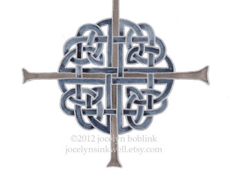 Celtic Cross in Indigo and Silver, 8x10 inch giclee print from original watercolor