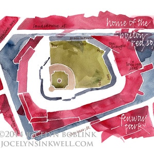 Boston Red Sox Fenway Park, giclee map print from original watercolor painting, 8x10