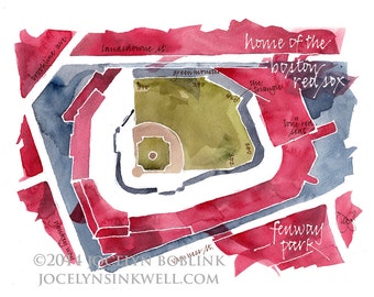 Boston Red Sox Fenway Park, giclee map print from original watercolor painting, 8x10