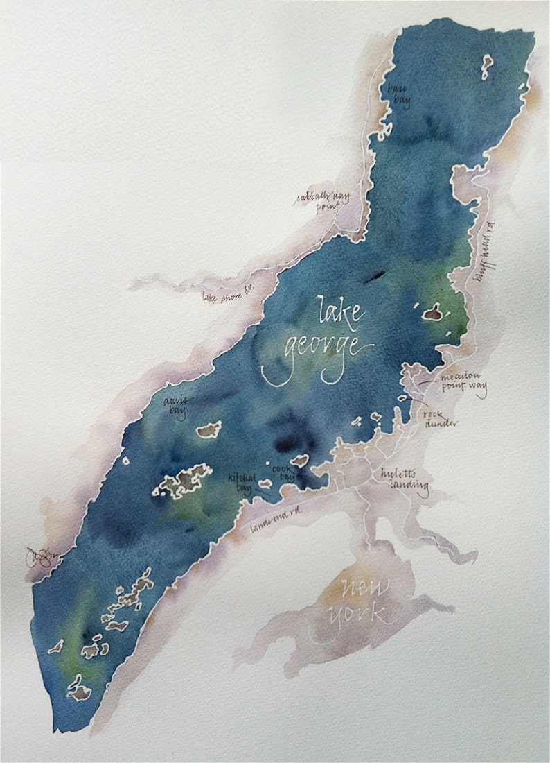 Grand Scale, CUSTOM original Watercolor Map painting of Your Lake, Island, or Beach 16x20 or 18x24 or 22x30 image 5