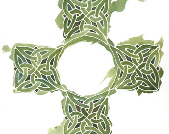 Celtic Cross in Emerald Green, 8x10 inch giclee print from original watercolor